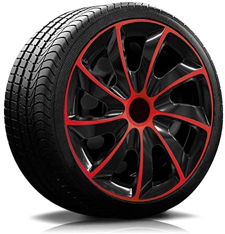 Reifen Radkappe RKK02 schwarz-rot Ein Reifen mit Felge, auf der eine Radkappe des Modells RKK02 schwarz-rot ist.