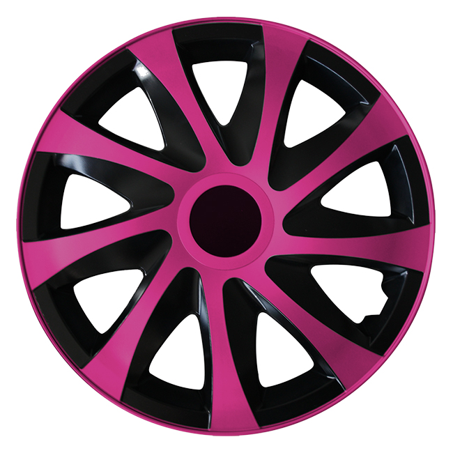 Eine Frontaufnahme der Radkappe Modell RKK04 in schwarz-pink.