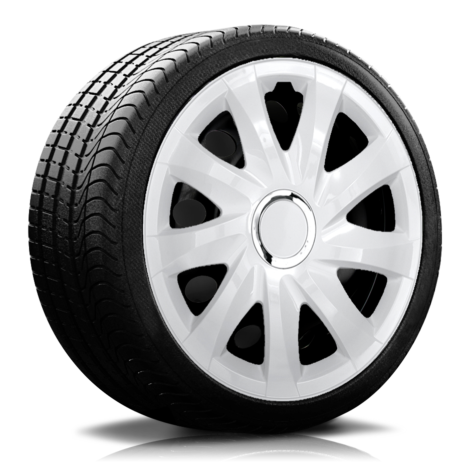 Reifen Radkappe RKK01-weiss auf Reifen Ein Reifen mit Felge, auf der eine Radkappe des Modells RKK01 in weiss ist.