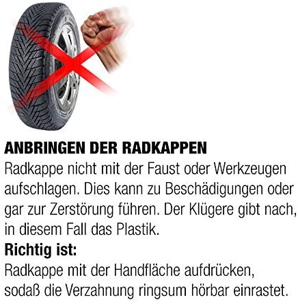 Radkappe-anbringen Eine Faust, die auf eine Radkappe schlaegt. Der Hinweis, dass man nicht auf die Radkappen schlaegt.