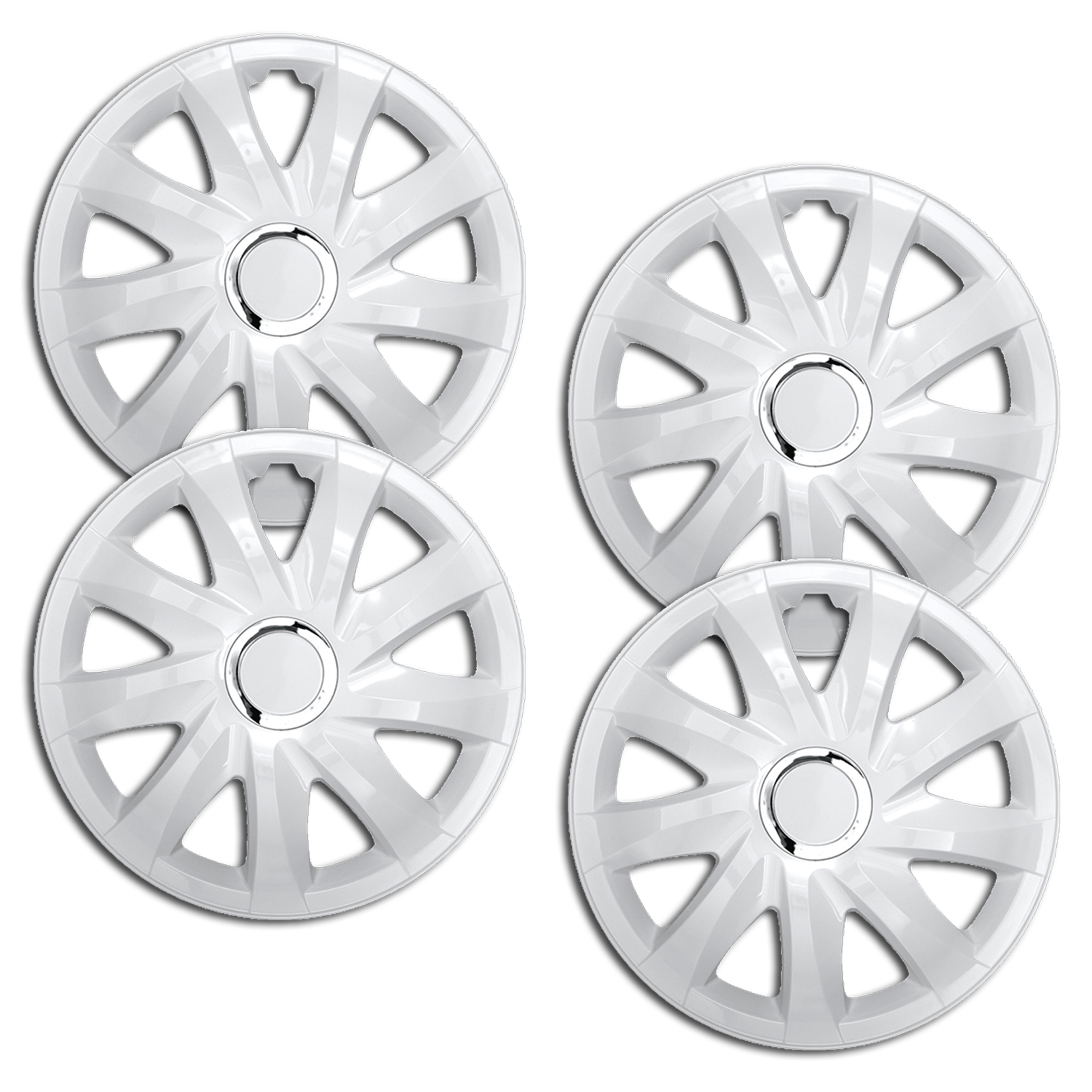 4 Radkappen Frontaufnahme RKK01 weiss Eine Frontaufnahme des 4er Set Radkappen Modell RKK01 in weiss.