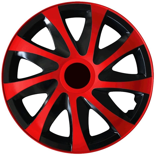 Eine Frontaufnahme der Radkappe Modell RKK04 in schwarz-rot.